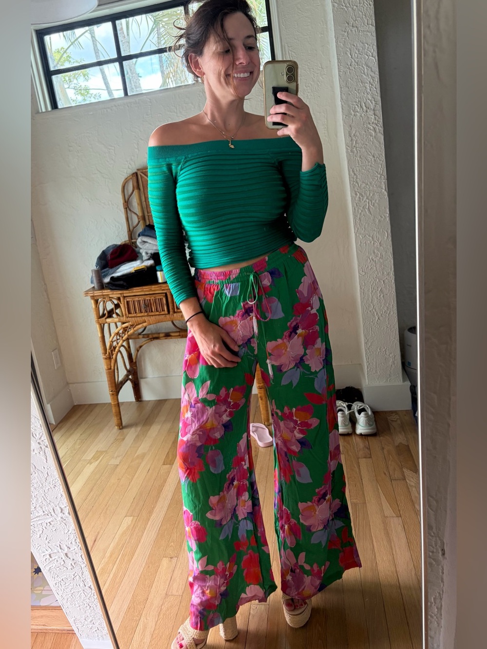 Johnny Was Nadine Silk Floral Wide Leg Pants Green Pink Size Small